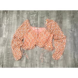 Madden‎ NYC Retro Floral Crop Top Puff Sleeve Drawstring Sides Pink Orange Large
